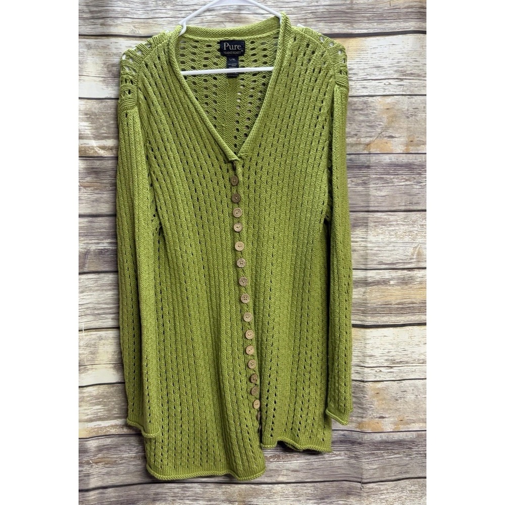 Pure Handknit Women's L/XL Canadian Loose Knit Sweater Cardigan Green